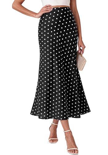 BTFBM Silk Midi Skirts for Women 2026 Summer Fall - color: Dot Black White, size: Large