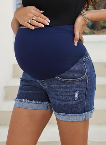 BLENCOT Maternity Jean Shorts Over Belly Stretchy Fold Hem Denim Pants - color: Dark Blue, size: Small