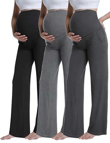 3 Pack Women's Maternity Pants Wide Leg - color: 3 Pack Black/Hemp Grey/Dark Grey, size: Large