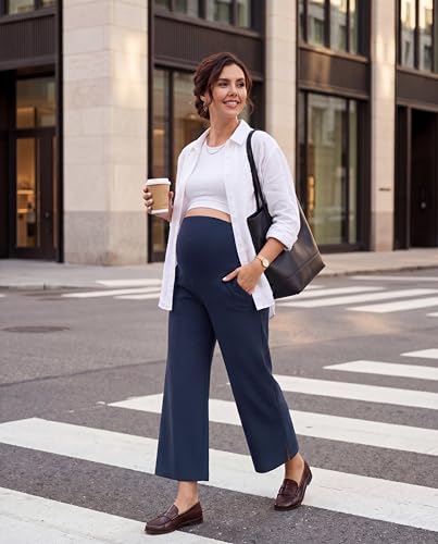 Foucome Women's Maternity Capris Wide Leg Cropped Pants - color: Navy Blue, size: Large