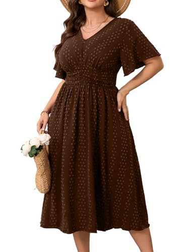 RWJ Women's Plus Size Maxi Dress V Neck Short Sleeve Swiss Dot Swing Summer - color: Chocolate Brown, size: Large Plus