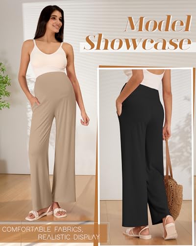 3 Pack Women's Maternity Lounge Pants with Pockets - color: Black, Charcoal Gray, Khaki, size: Large