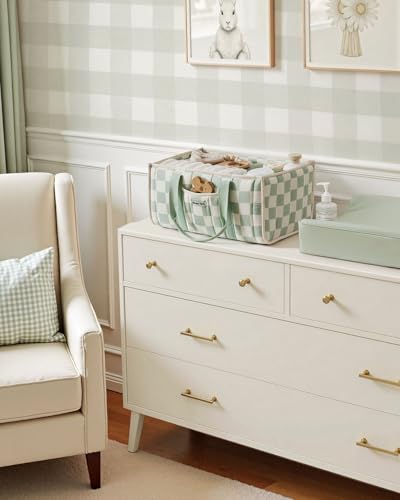 Blissful Diary Checkered Diaper Caddy Organizer, Storage Basket, Sage Green - color: Checkered Sage Green