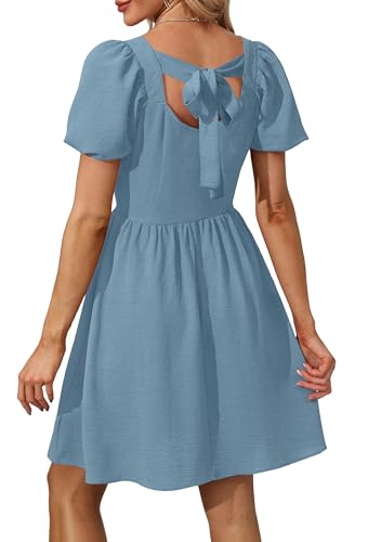 OFEEFAN Women Puff Sleeve Square Neck Tie in Back Dresses with Zipper - color: Dusty Blue, size: X-Small