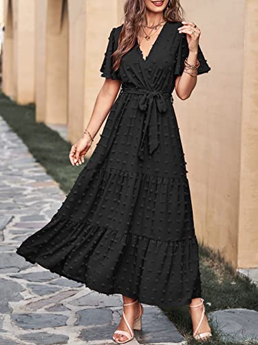 MASCOMODA Womens Summer Swiss Dot Maxi Dresses Wrap Boho Floral Long Dress - color: Black, size: Large