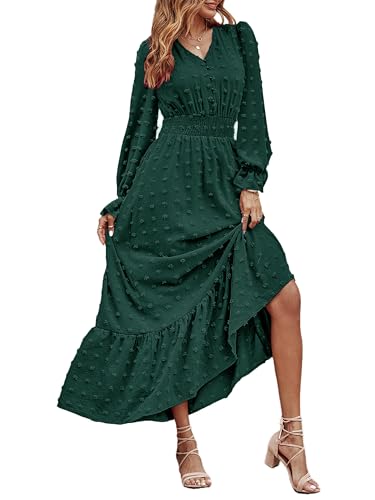 CzzzyL Women Nursing Boho Maxi Dress Swiss Dot Smocked with Pockets - color: Deepgreen, size: Medium