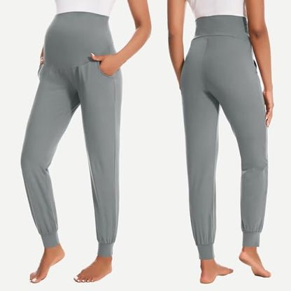 HIGHDAYS Maternity Pants with Pockets, Over Belly Thick Pregnancy Leggings - color: Light Gray, size: Small