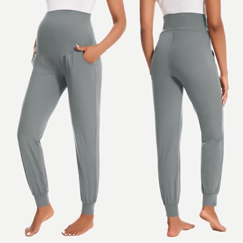 HIGHDAYS Maternity Pants with Pockets, Over Belly Thick Pregnancy Leggings - color: Light Gray, size: X-Large