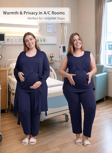 Rnxrbb 4 PCS All-Season Nursing Pajamas Robe Set Maternity Postpartum Pjs - color: Navy, size: Large