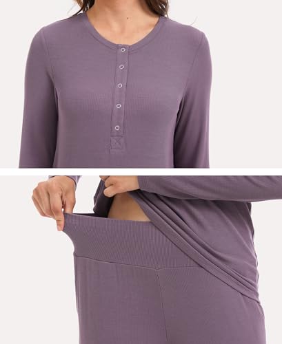 GYS Women's Bamboo Viscose Nursing Pajama Set, Wide Waist Cooling - color: Purplish Grey, size: Small