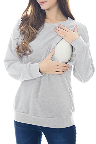 Smallshow Fleece Maternity Nursing Sweatshirt Long Sleeve Breastfeeding Tops - color: Light Grey, size: Small