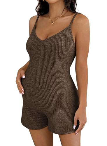 BLENCOT Maternity Ribbed Stretchy Romper V Neck One Piece Shorts Jumpsuits - color: Brown, size: Small