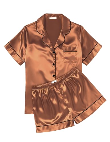 Ekouaer Womens Silk Satin Pajama Sets Soft Short Sleeve Button Up Sleepwear - color: Brown, size: Medium
