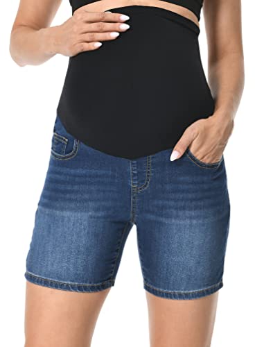 V VOCNI Maternity Jean Shorts Over The Belly Mid Thigh - color: 50-a-dark Blue, size: Medium
