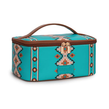 Wrangler Travel Makeup Bag 2pcs Set Cosmetic Bag with Makeup Brush Holder - color: Aztec-Turquoise