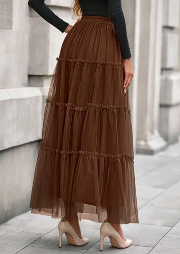 PRETTYGARDEN Women's Fall Soft Tulle Tiered Long Skirt - color: Brown, size: Large