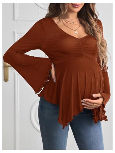 BEAUDRM Women's Maternity Shirts Bell Long Sleeve Pregnancy Tops Ruched V Neck Asymmetrical T-Shirt - color: Rust Brown, size: Medium