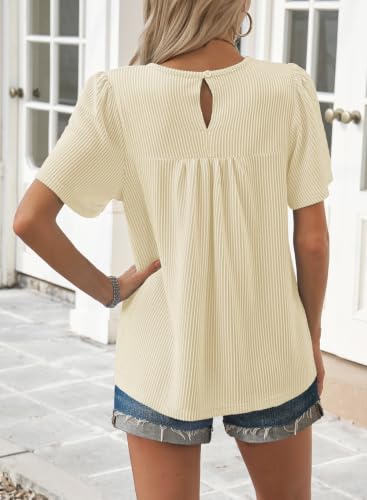 Falechay Womens Tops Boho Ribbed Flowy Stretchy Crochet Short Sleeve Shirts - color: Apricot, size: X-Small