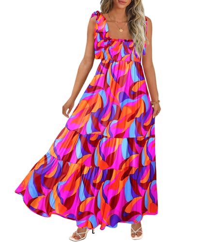 CURBODO Women's Summer Maxi Dress Boho Spaghetti Straps Casual Long A-line Smocked Beach Dress Flowy Sun Dresses with Pockets - color: Colorful, size: Medium