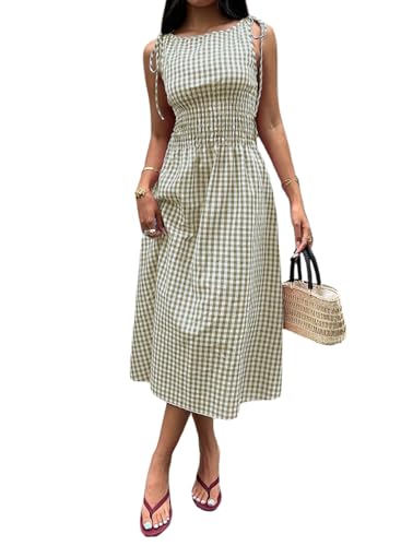 Acelitt Womens Gingham Dress Flowy Maxi Beach Sun Dresses - color: Sage Green, size: XX-Large