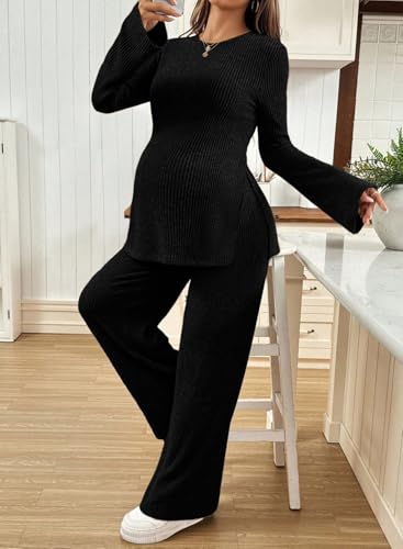 BLENCOT Maternity 2 Piece Outfits Ribbed Knit Long Sleeve Sets - color: Black, size: Medium