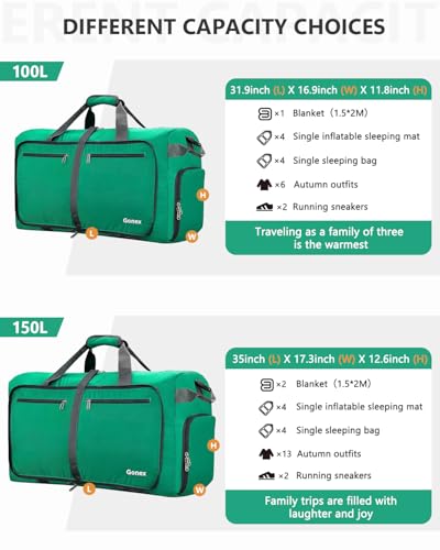 Gonex 100L Foldable Travel Duffle Bag with Shoe Compartment, Lightweight - color: Mint Green, size: 100L