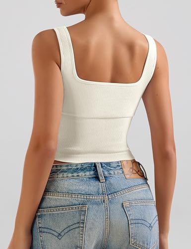 OLCHEE Womens 2 Pack Crop Tank Tops Square Neck Workout Top Padded - color: Beige + Navy, size: X-Small