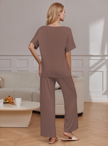 Ekouaer Pajama Sets Womens 2 Piece Short Sleeve Long Pants Pjs Lounge Set - color: Brown, size: Medium