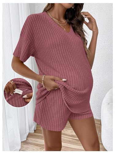 MakeMeChic Women's Maternity 2 Piece Sets Ribbed Shirt and Biker Shorts - color: Rusty Rose, size: Large
