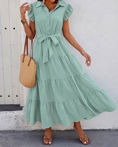 dowerme Women Ruffle Sleeve Button Belted Boho Maxi Dress - color: Mint Green, size: XX-Large