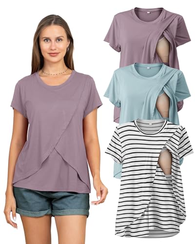 Rnxrbb 3 Pack Nursing Tops for Women Maternity Breastfeeding Shirts - color: Purple&light Blue&navy Stripe, size: XX-Large
