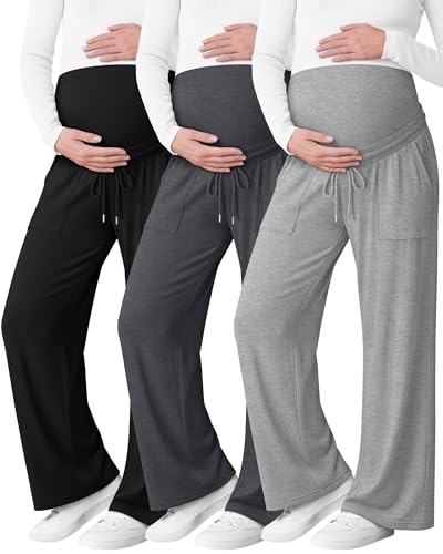 3 Pack Women's Maternity Casual Pants - color: Light Heather Gray, Dark Heather Gray, Black, size: Large
