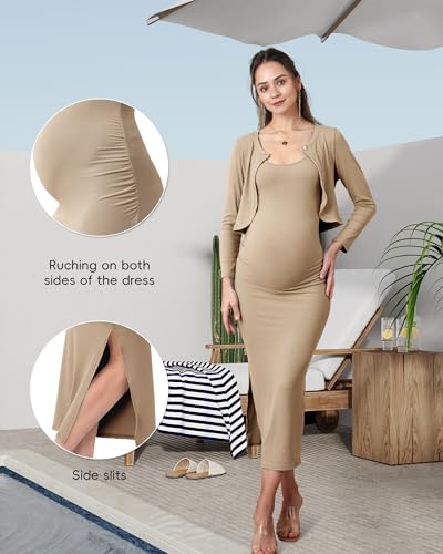 2 Piece Baby Shower Maternity Dress & Cardigan Set for Women - color: Light Coffee, size: Medium