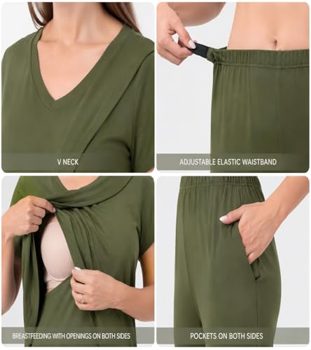 Rnxrbb 3 PCS Women Nursing Pajamas Set Postpartum Maternity Pj with Pockets - color: Army Green, size: Small