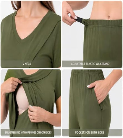 Rnxrbb 3 PCS Women Nursing Pajamas Set Postpartum Maternity Pj with Pockets - color: Army Green, size: Small