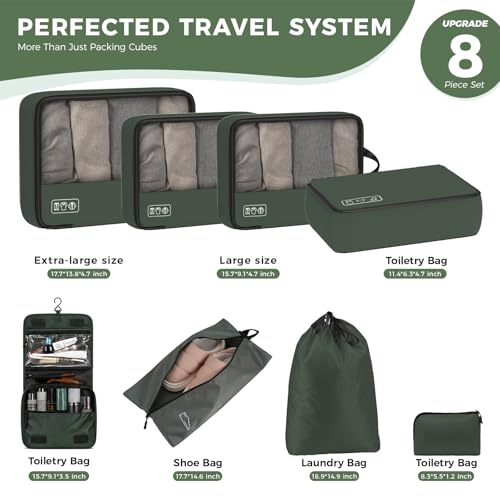 8-Piece Compression Packing Cubes for Travel, Organize Travel Essentials - color: Avocado Green-8 Set
