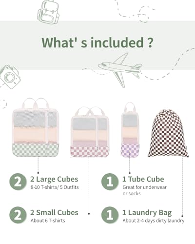 Narwey Compression Packing Cubes for Travel, Cute Luggage Organizer Bags - color: ZA-Mix Checkerboard