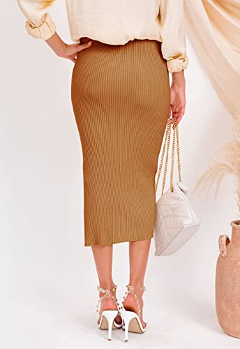 HERBATOMIA Midi Pencil Basic Skirt Casual Solid Split Side Stretchy Ribbed Knit Bodycon Mid Length Skirts for Women - color: Camel, size: Medium