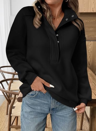 BLENCOT Women Mock Neck Sweatshirt Oversized Long Sleeve Henley Shirts - color: Black, size: Medium