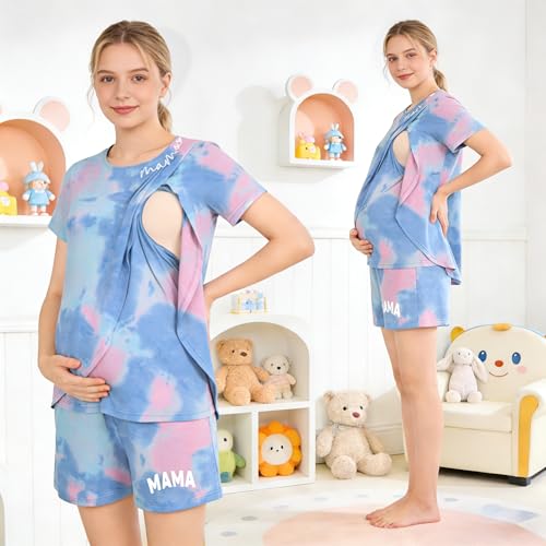 Maternity Nursing 2 Piece Pajama Set Double Layer Breastfeeding Sleepwear - color: A-tie-dye, size: Large