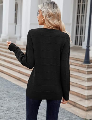 Zeagoo Womens Sweaters Fall Casual Long Sleeve V Neck Shirts Lightweight Crochet Ribbed Knit Pullover Tops Outfits - color: Black, size: X-Large