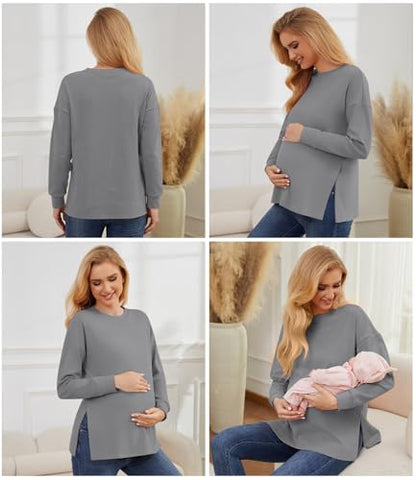 Womens 3 Packs Maternity Shirts Long Sleeve Side Ruched Pregnancy Tee Workout Top Tunic Blouse Mama Clothes - color: Black/Grey/Green, size: Medium