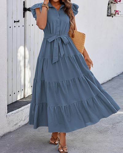 dowerme Women Ruffle Sleeve Button Belted Boho Maxi Dress - color: Grey Blue, size: Medium