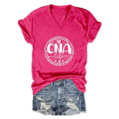 Nurse V Neck T Shirts for Women, Certified Nursing Assistant Tshirt - color: Rose Red, size: Medium