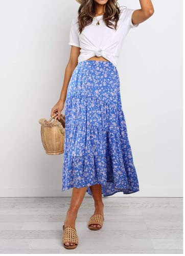 PRETTYGARDEN Women's Ditzy Floral Print Midi Skirt High Low Hem - color: Blue, size: Medium