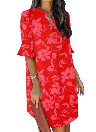 QACOHU Womens Summer Casual V Neck Shift Mini Dress - color: C-red Flower 02, size: X-Large