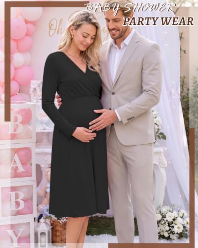 Locoowai Maternity Wrap Long Sleeve Dress V Neck Fall Dress - color: Black, size: Medium