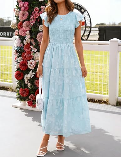 ZESICA Women's Summer Floral Boho Smocked Flowy Maxi Dress - color: Blue, size: Large