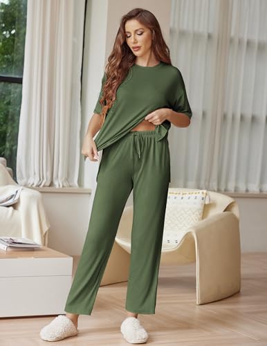 Ekouaer Lounge Sets for Women Soft Comfy Pajama Set 2 Piece Outfits - color: Army Green, size: Large