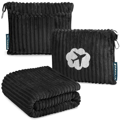 PAVILIA Travel Blanket Pillow, Soft Ribbed Fleece Airplane Blanket, Black - color: Black